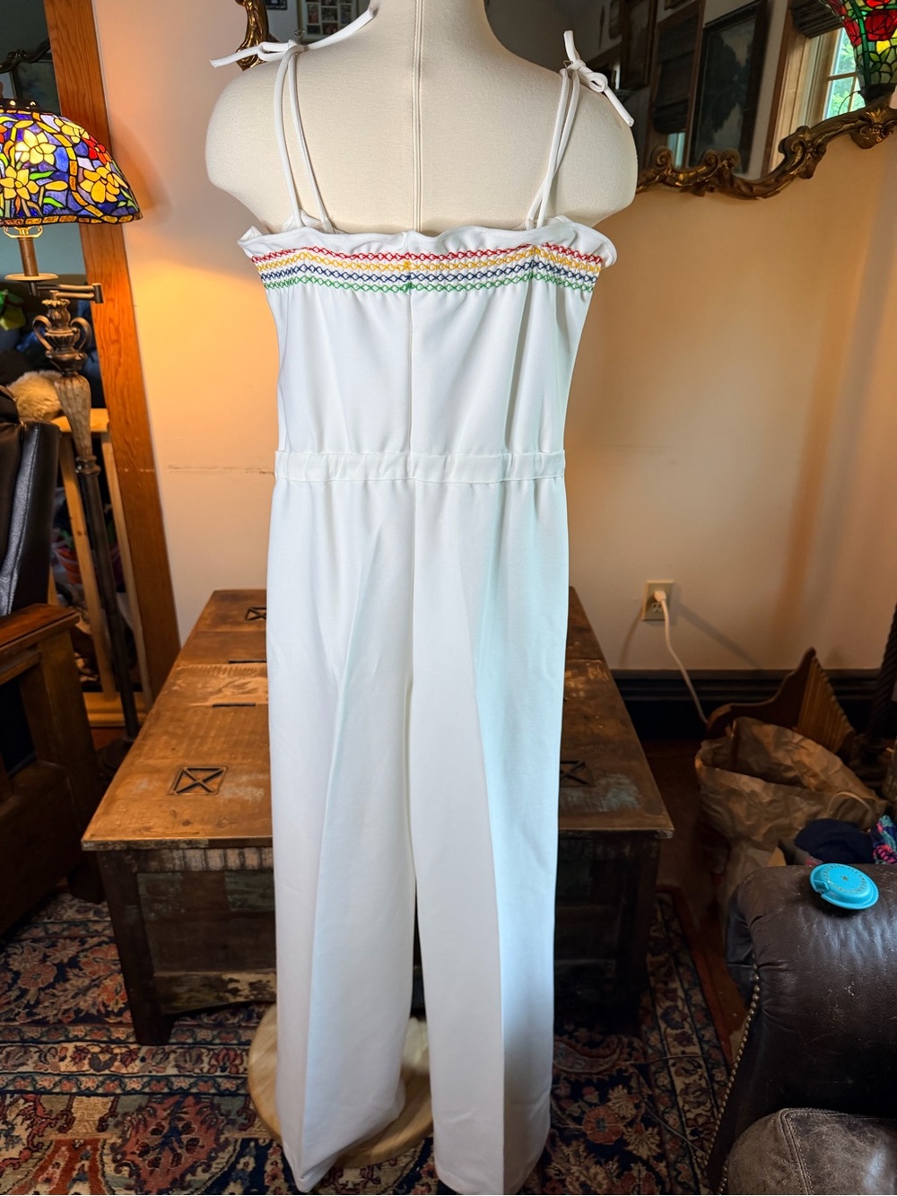VINTAGE 70s! White Knit Jersey Jumpsuit with Smocked Rainbow Trim, drawstring - Picture 8 of 16